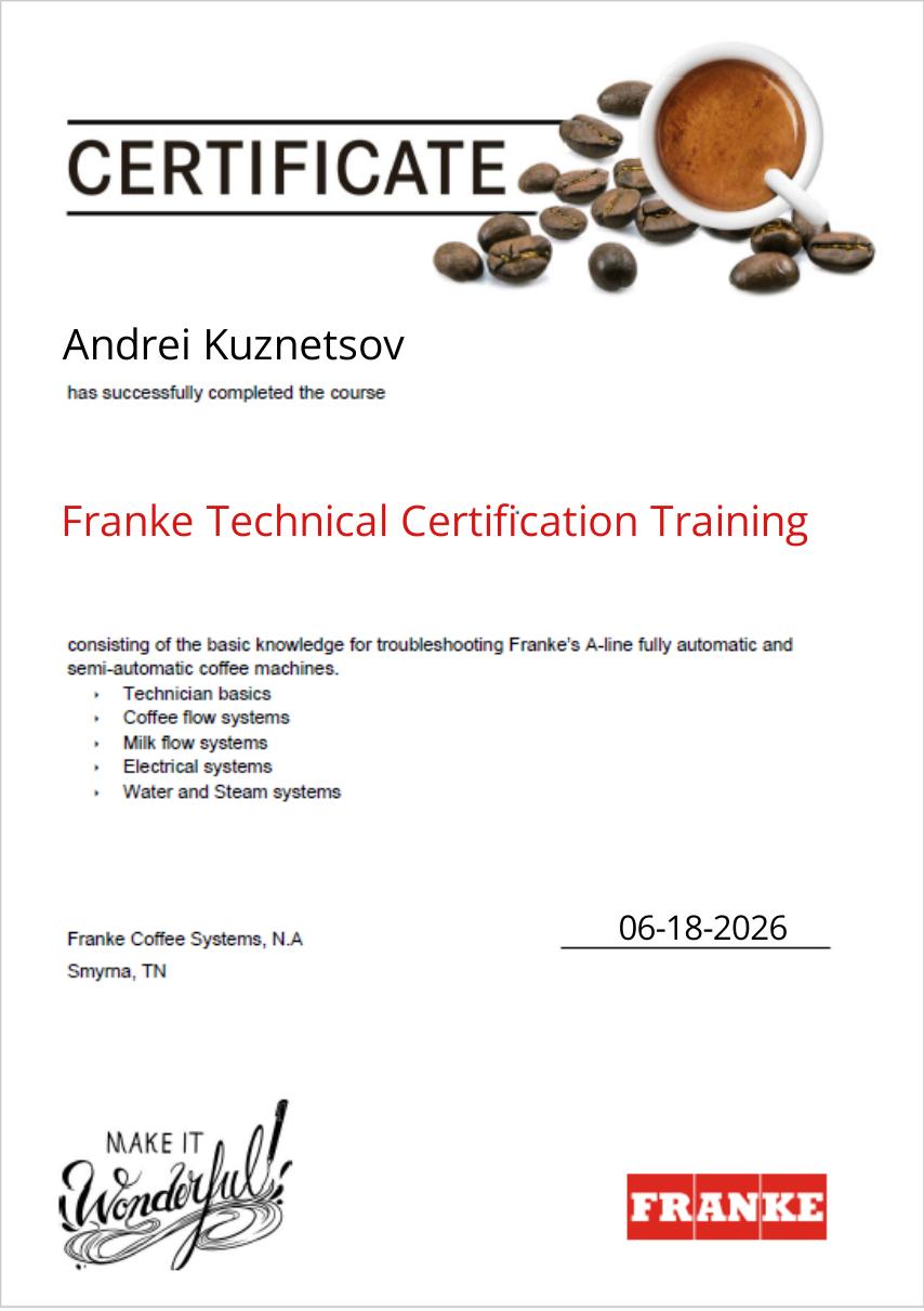 Franke Technical Certification for the A-Line coffee systems, June 2026.