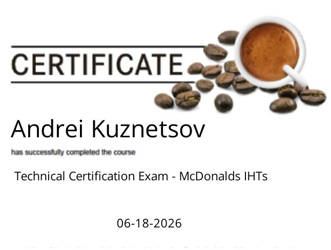 Franke Technical Certification Exam for the McDonald's IHT coffee units, June 2026.
