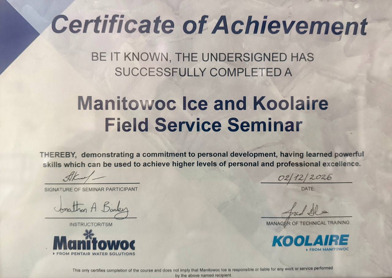 Manitowoc Ice and Koolaire Field Service Seminar certificate, February 2026.