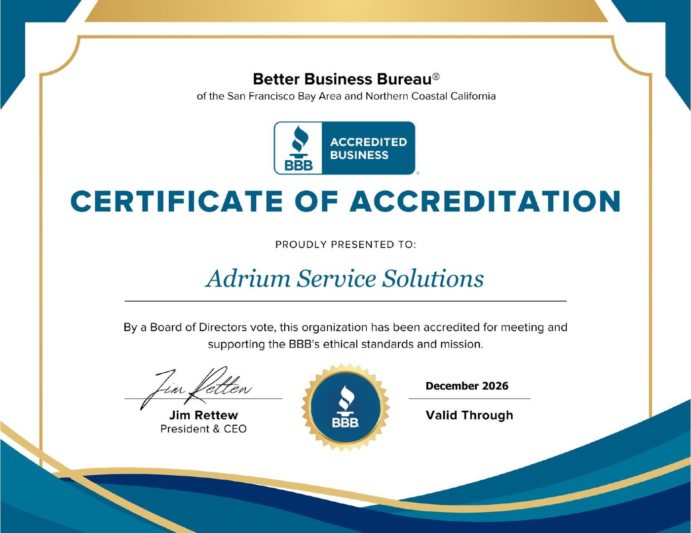 Better Business Bureau Certificate of Accreditation awarded to Adrium Service Solutions, valid through December 2026.