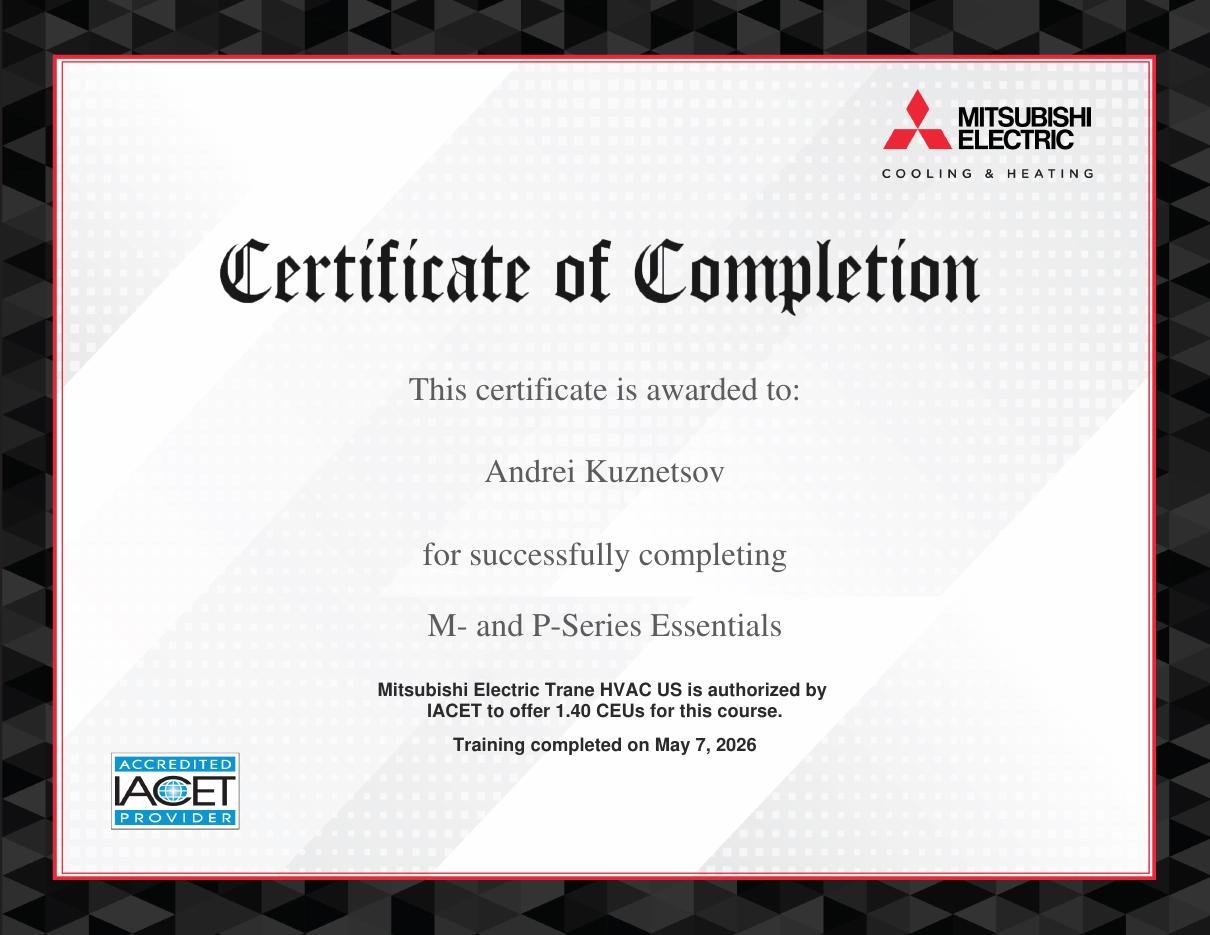 Mitsubishi Electric Certificate of Completion, M- and P-Series Essentials, completed May 7, 2026.